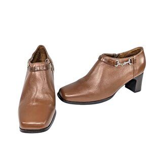 AJ Valenci 7 Brown Leather Zip Ankle Bootie Block Heel Buckle Accent